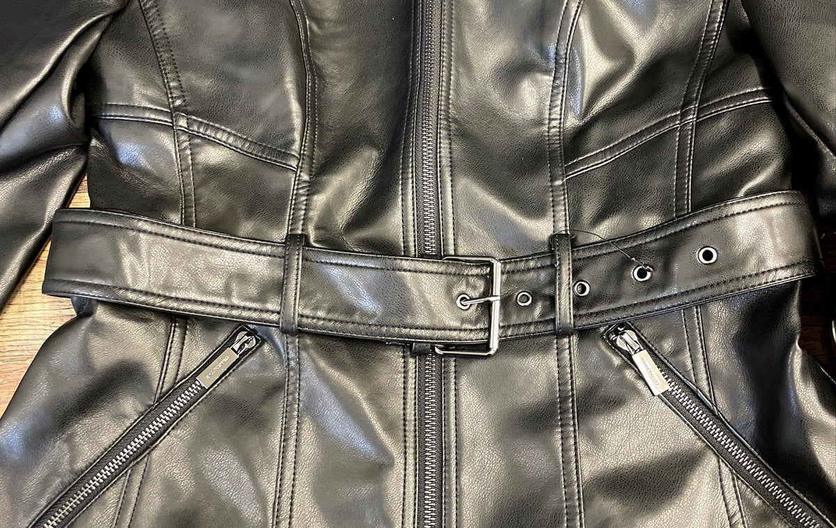Kenneth Cole Women's Black Belted Leather Jacket Zip Front Moto Sz S