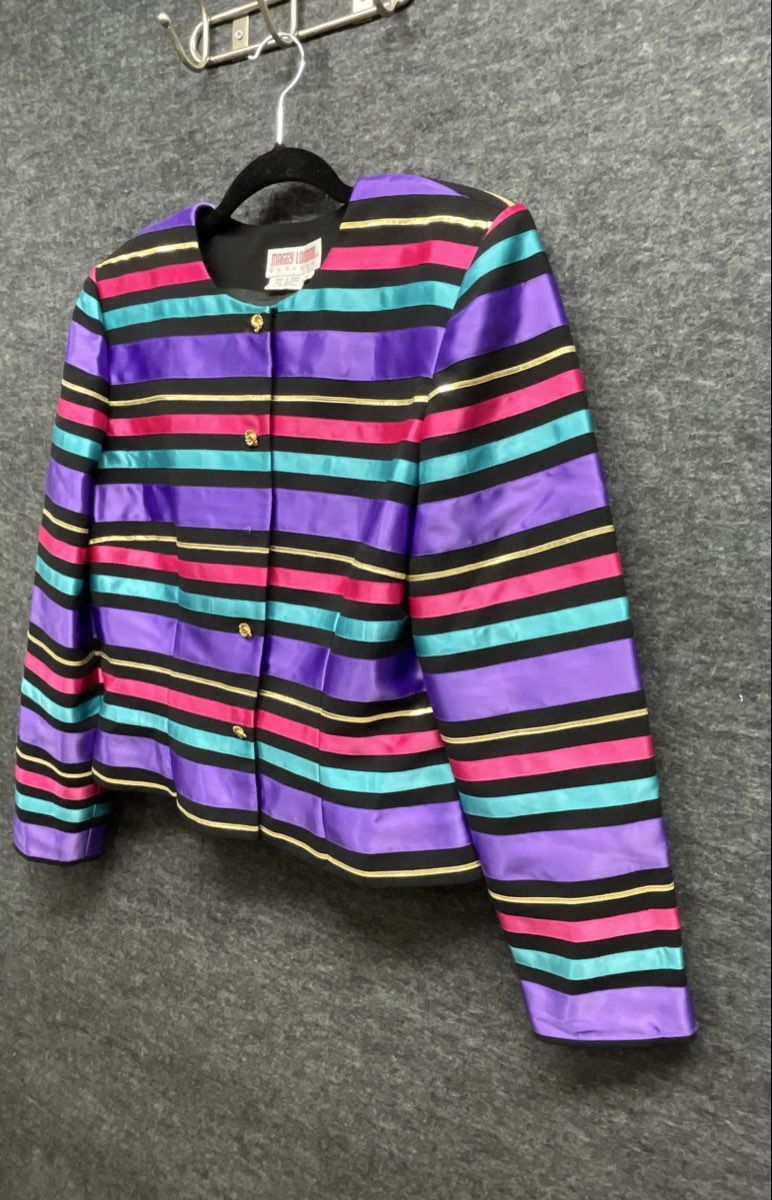 Vintage 80s Maggy London Evening Striped Metallic Gold Blazer Jacket Sz 10