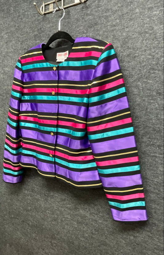 Vintage 80s Maggy London Evening Striped Metallic Gold Blazer Jacket Sz 10