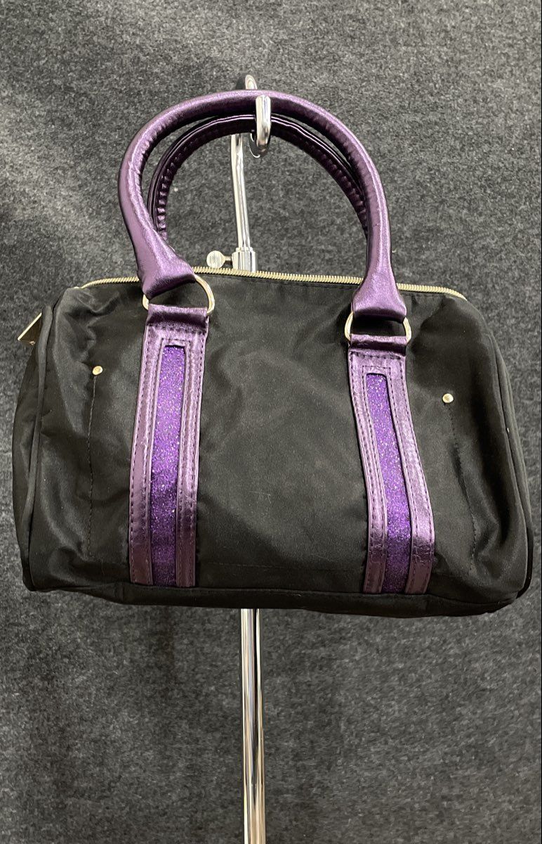 Victoria's Secret Black Purple Glitter Metallic Trim Fabric Satchel Handbag