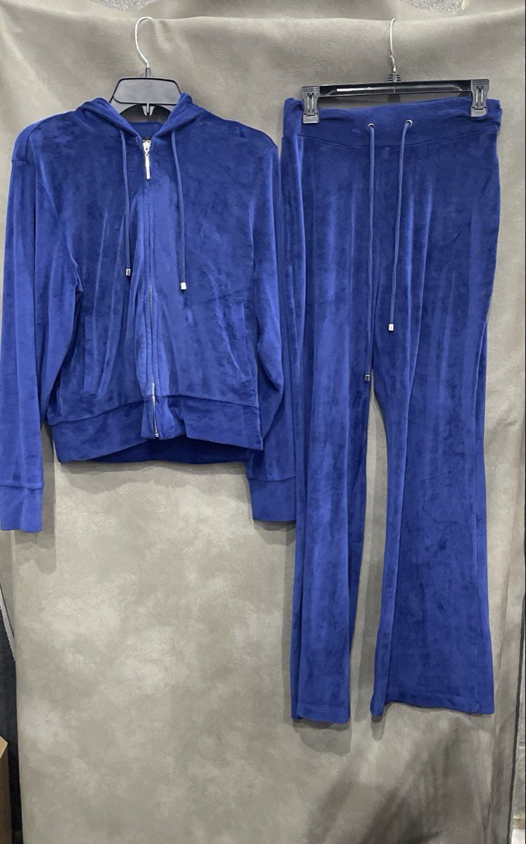 INC Women's Blue Velour Tracksuit Set Zip Hoodie M & Drawstring Pants Sz S