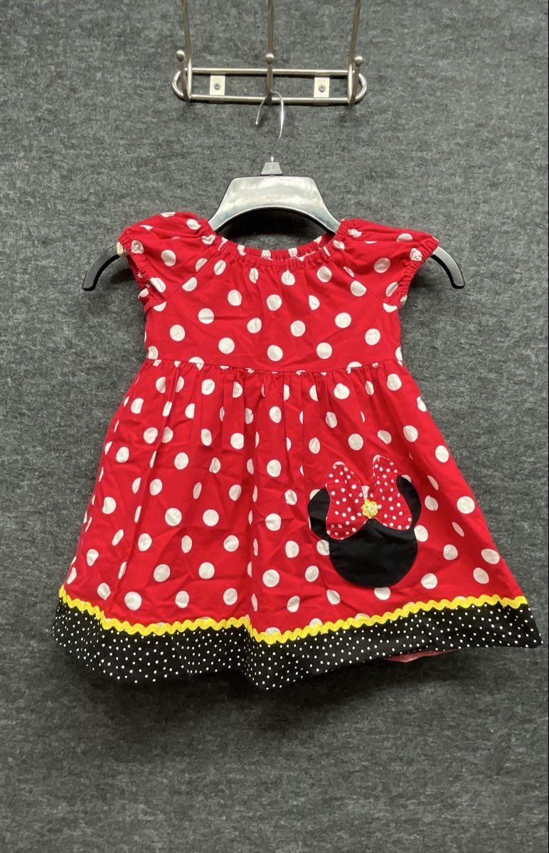Girls Minnie Mouse Red Polka Dot Dress & Blue Floral Ric Rac Trim Dress Lot