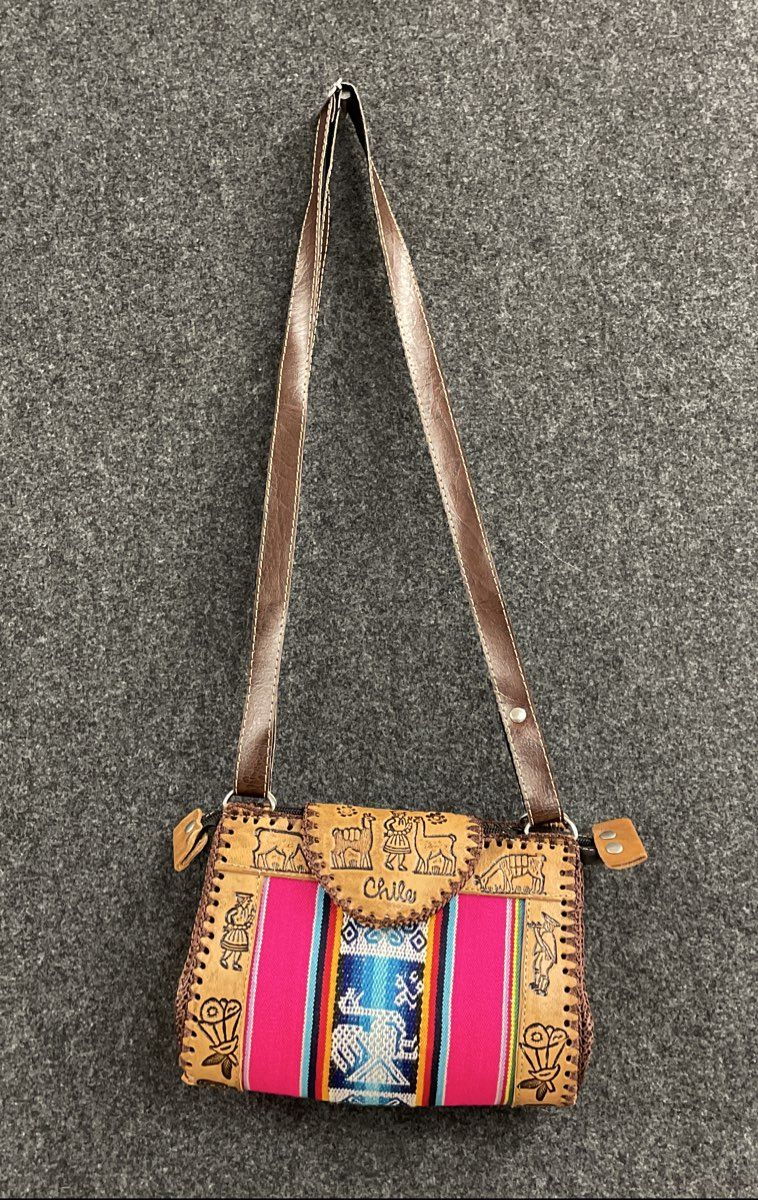 Handcrafted Chilean Tooled Leather Woven Textile South American Crossbody Bag