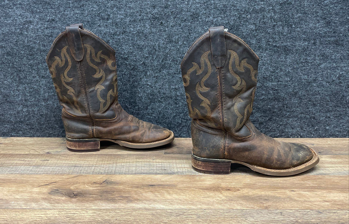 Old West Dark Brown Leather Square Toe Western Cowboy Boots Kids Size 2
