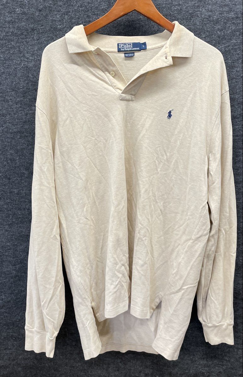 Polo Ralph Lauren Men's Long Sleeve Polo Shirt Beige Vintage 90s Pique Cotton L