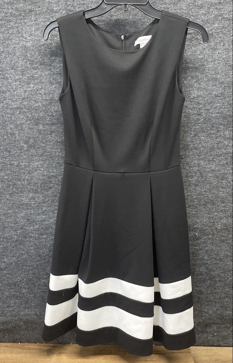 Calvin Klein Women's Black Sleeveless Pleated Fit & Flare Striped Dress Sz 2