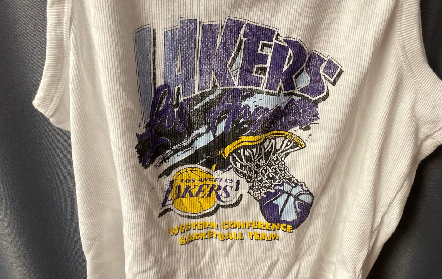 NBA Women's LA Lakers Tank Top White Ribbed Graphic Cropped Sz L