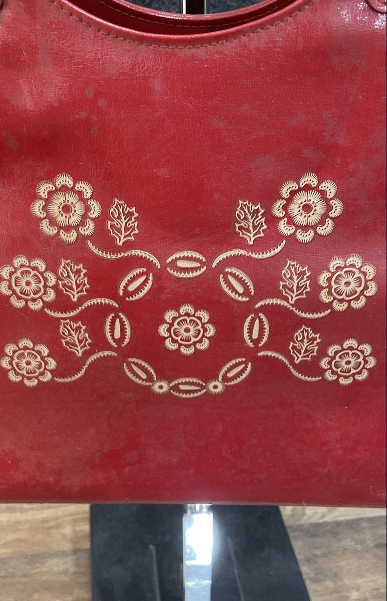 Vintage Red Patent Embossed Floral Satchel Shoulder Bag Handbag