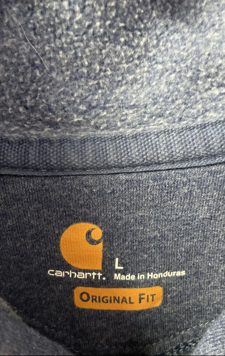Carhartt Men's Blue Original Fit Pullover Hoodie Orange Sleeve Logo Size L