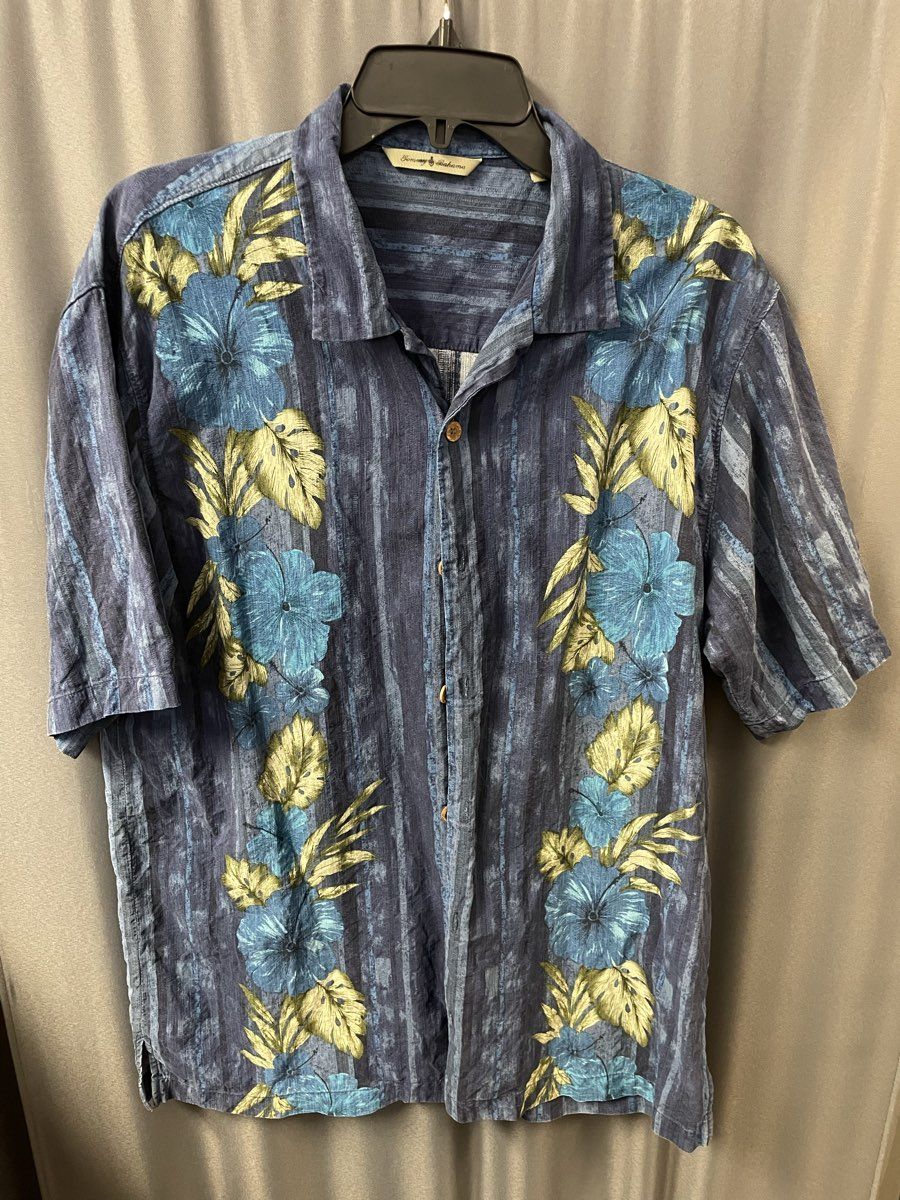 Tommy Bahama Men's Blue 100% Silk Hibiscus Floral Stripe Hawaiian Shirt Size L