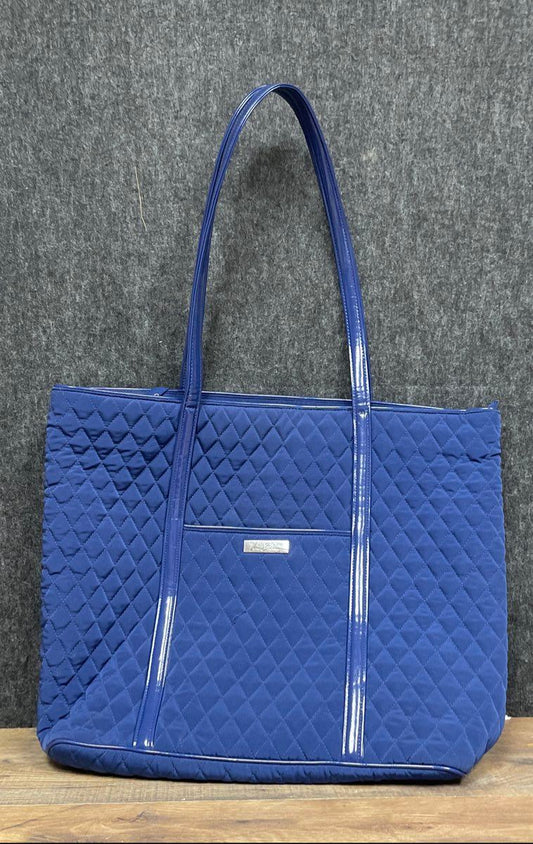 Vera Bradley Blue Quilted Tote Bag Shoulder Bag Patent Trim Silver Hardware