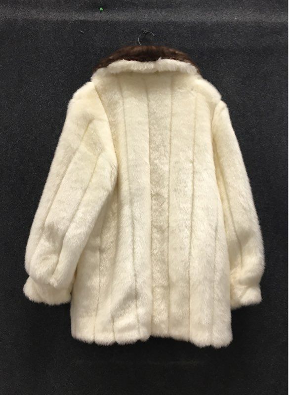 Vintage Dennis Basso Women's Cream Faux Fur Zip Up Coat Brown Collar Sz M