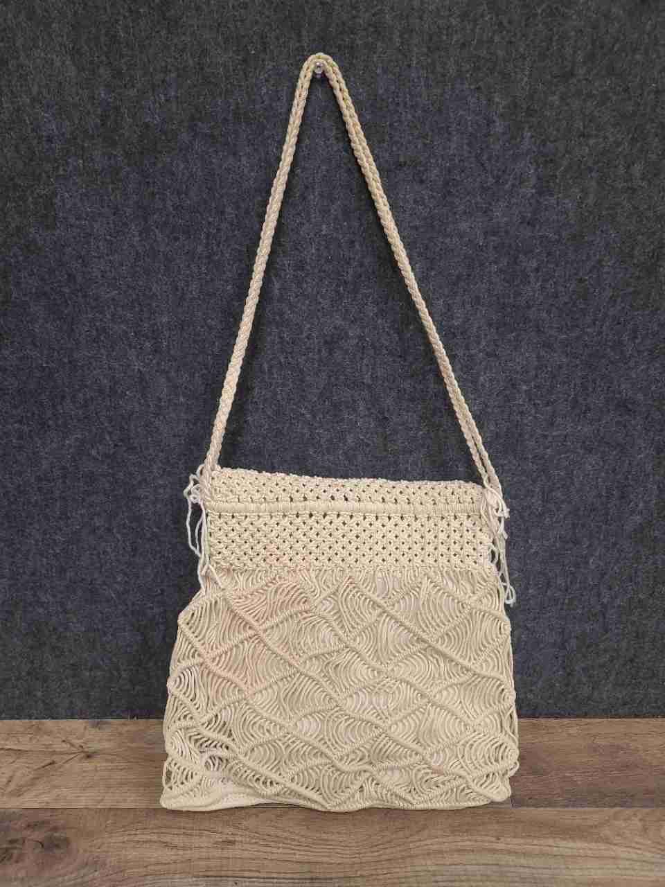 Vintage Cream Macrame Boho Shoulder Bag Fringe Knotted Cotton 70s Style