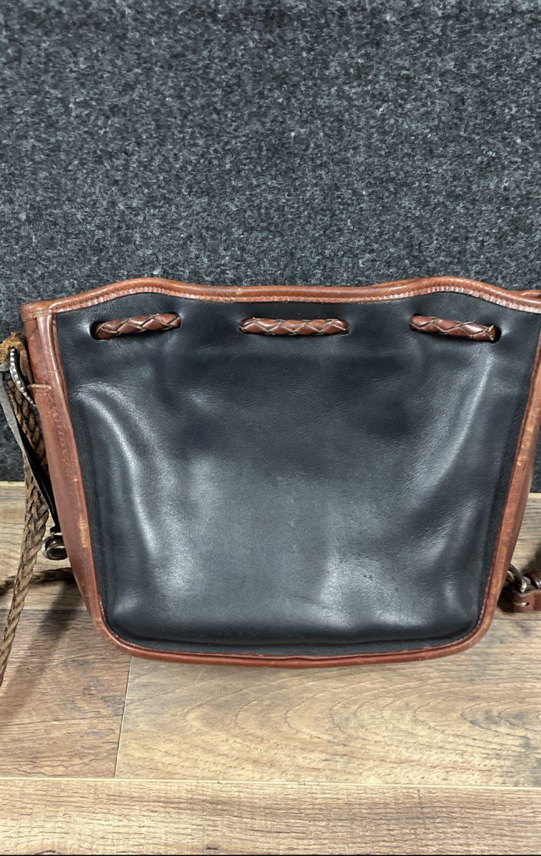Vintage 90s Brighton Black Brown Leather Bucket Crossbody Bag Heart Hardware