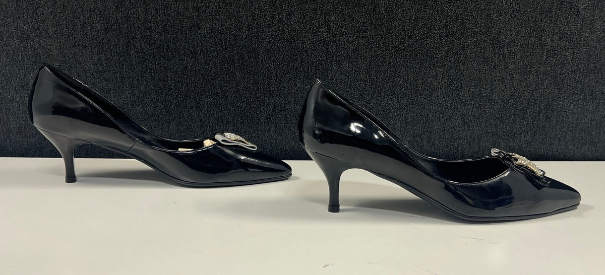 Midnight Velvet Black Patent Rhinestone Bow Pointed Toe Kitten Heels Size 10M