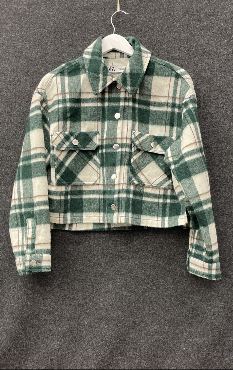 Zara Women's Green White Plaid Cropped Shacket Snap Button Flannel Jacket Sz S