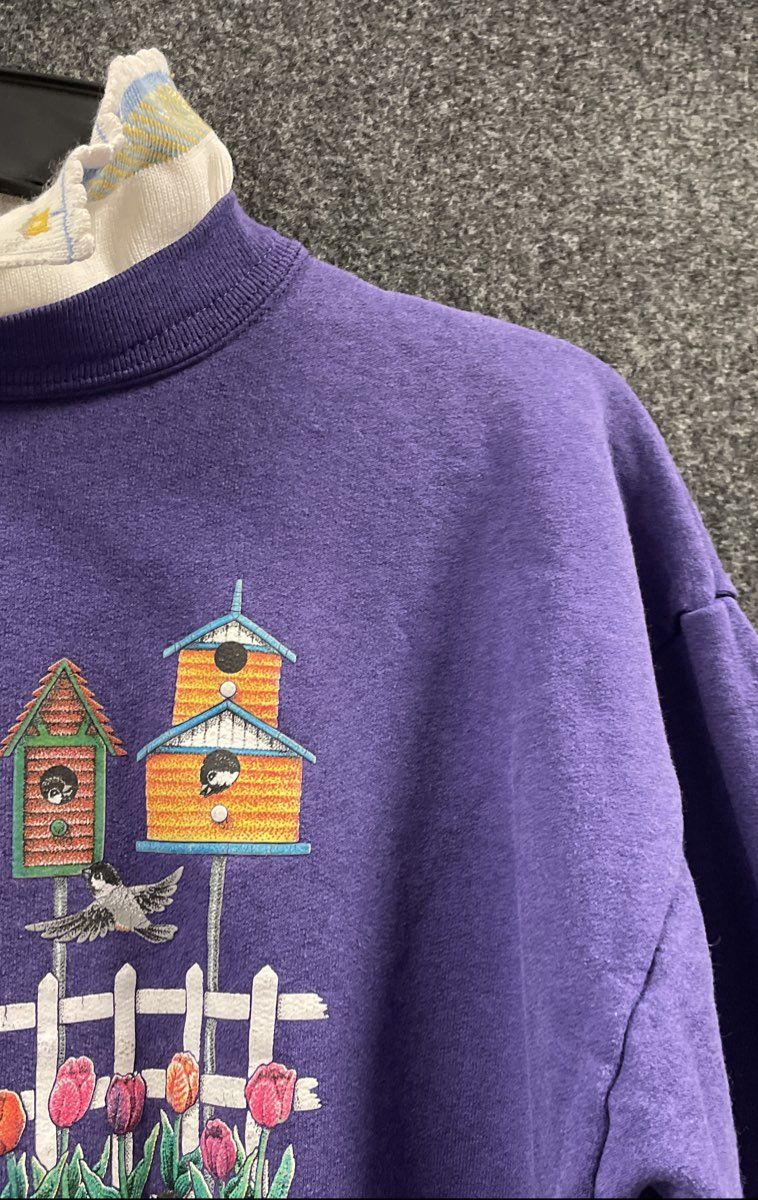 Vintage 90s Morning Sun Women's Purple Birdhouse Graphic Sweatshirt Sz PS