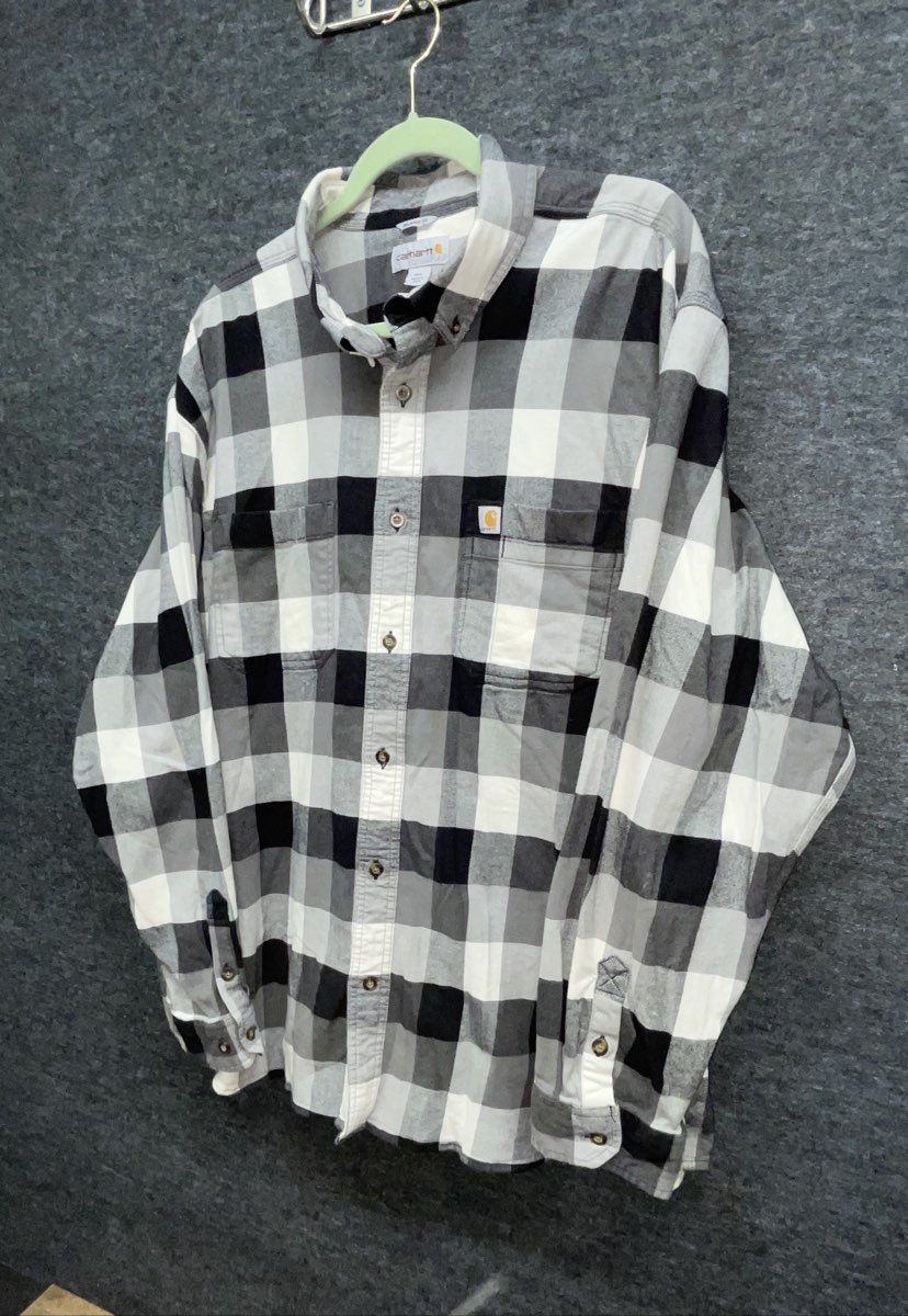 Carhartt Men's Relaxed Fit Long Sleeve Plaid Button Front Shirt Gray Black 3XL