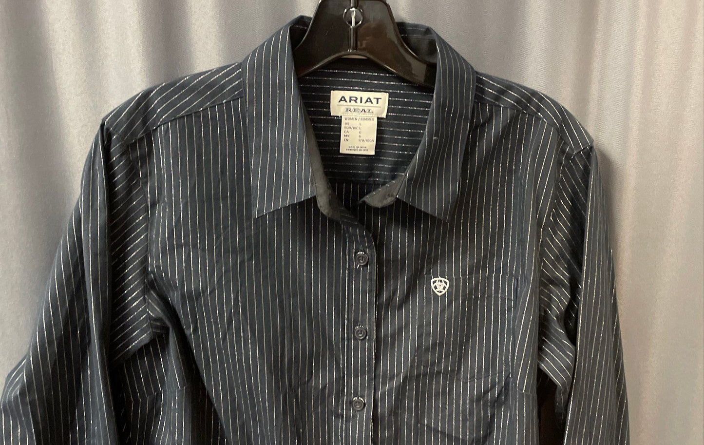 Ariat Women's Kirby Stretch LS Shirt Navy Blue Silver Pinstripe Sz L