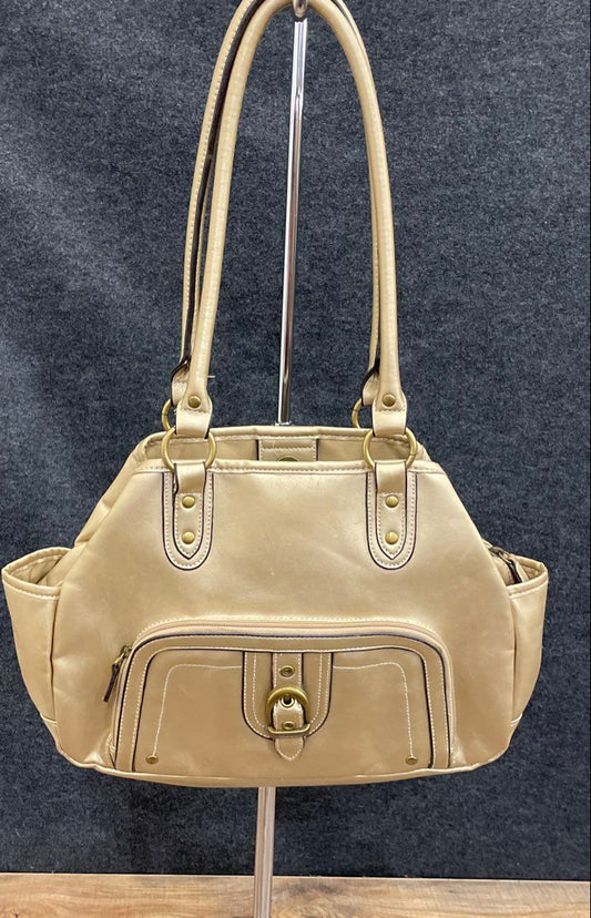 Champagne Gold Faux Leather Triple Compartment Satchel Shoulder Bag Handbag