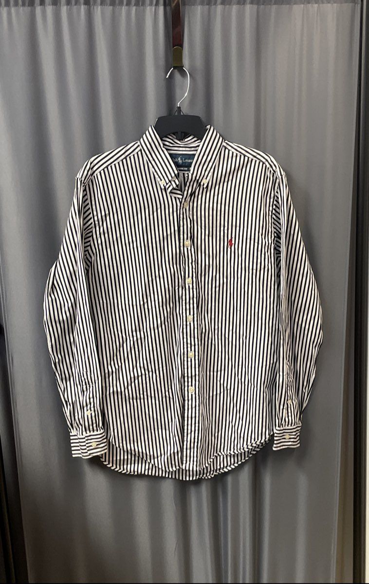 Ralph Lauren Men's Black White Striped Classic Fit Oxford Shirt Sz M