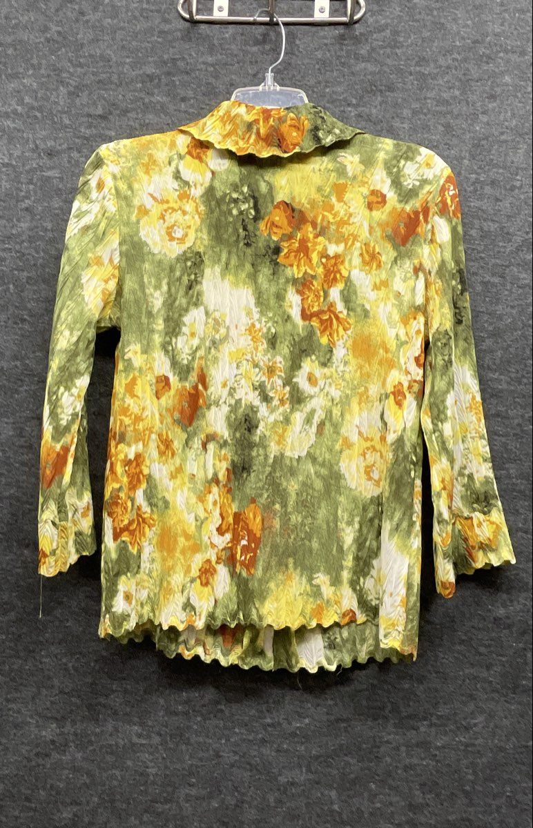 Essentials By Milano Women's Green Yellow Floral Crinkled Pleated Blouse Sz S