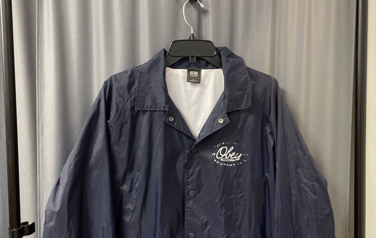 Obey Men's Navy Blue Nylon Coach's Jacket Worldwide Propaganda Graphic Sz L
