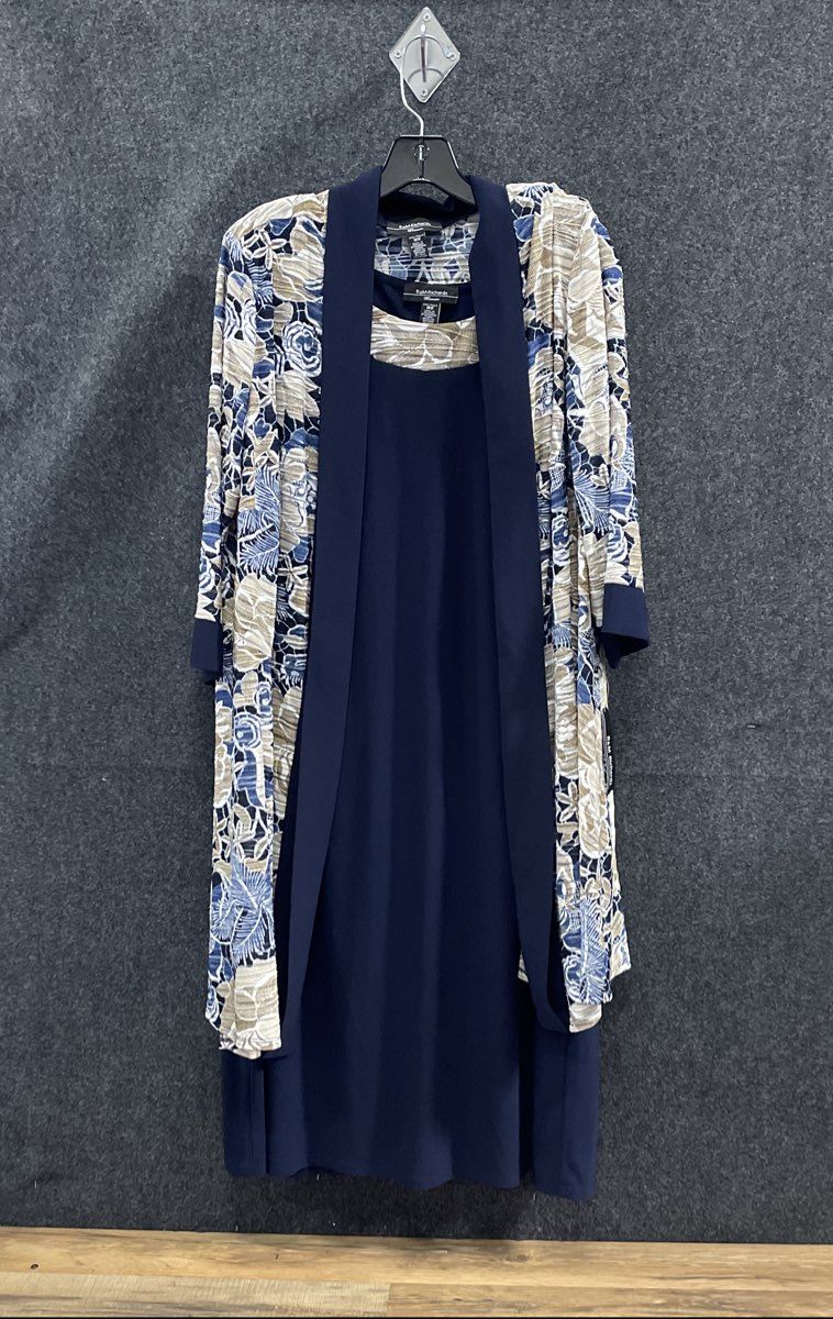 R&M Richards Women's 2PC Dress Set Navy Taupe Floral Cardigan Sheath Sz 18W NWT