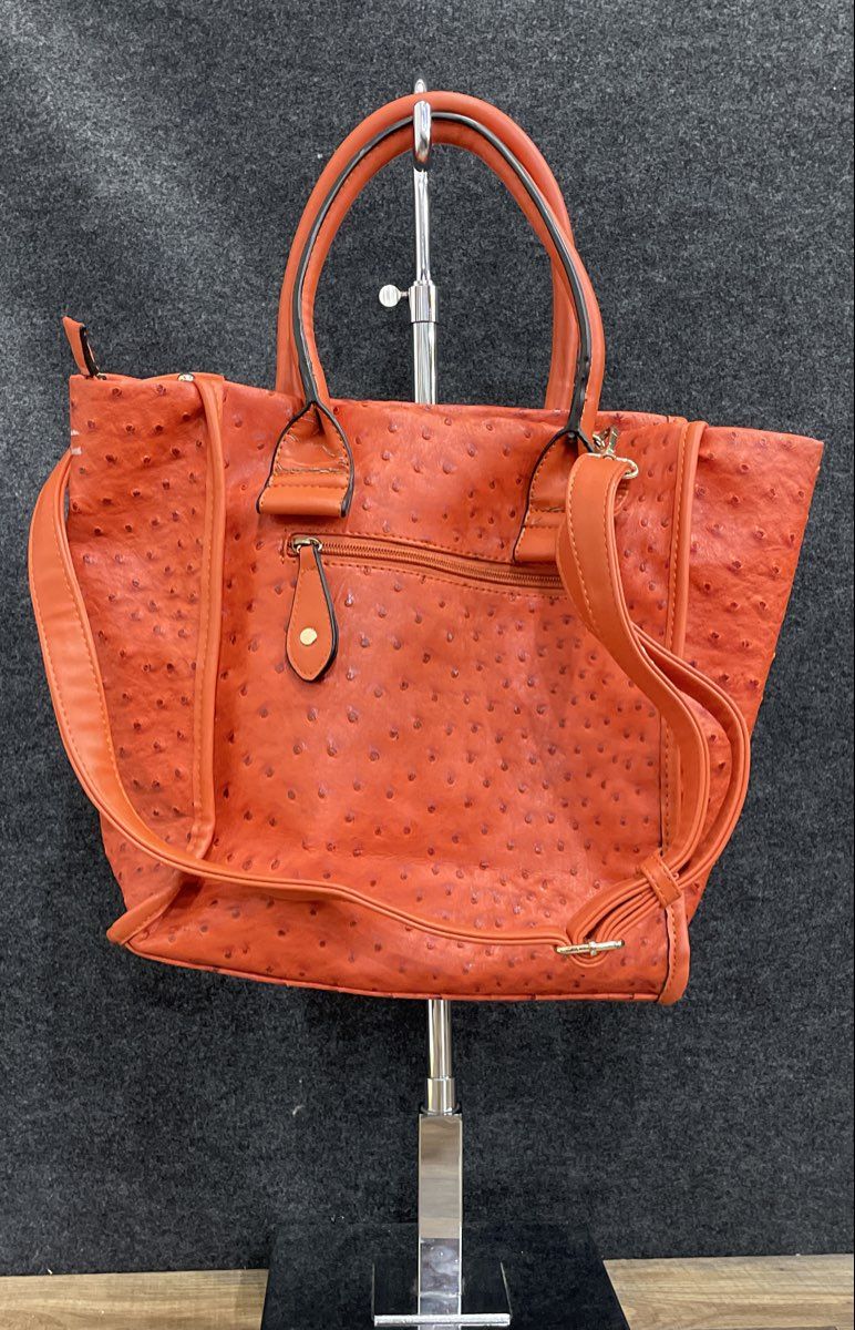 Orange Ostrich Embossed Medallion Tote Handbag Crossbody Shoulder Bag Large