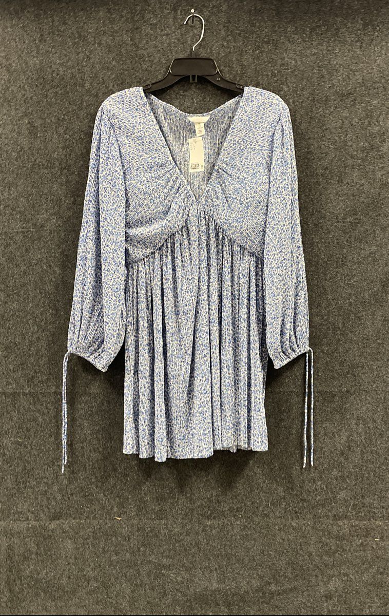 H&M Women's Blue White Floral Plisse Pleated Long Sleeve V-Neck Dress NWT Sz L