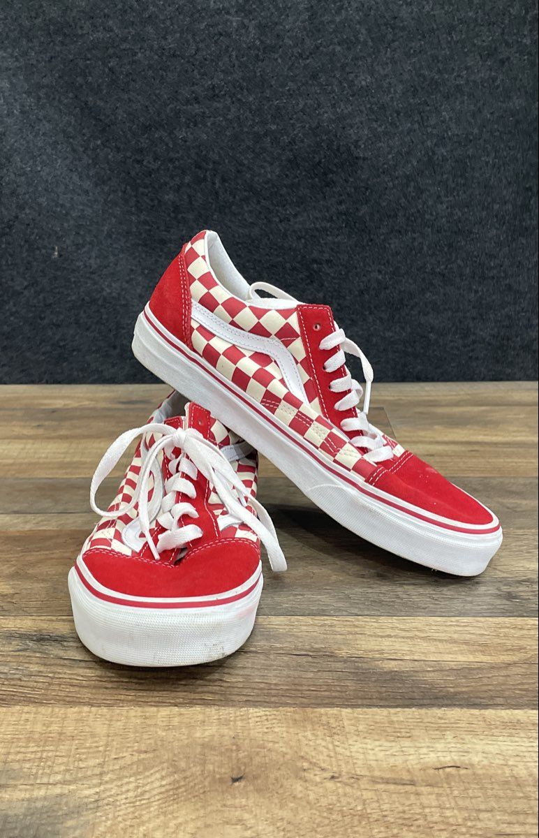 Vans Old Skool Checkerboard Racing Red White Sneakers Size Men 8 Women 9.5