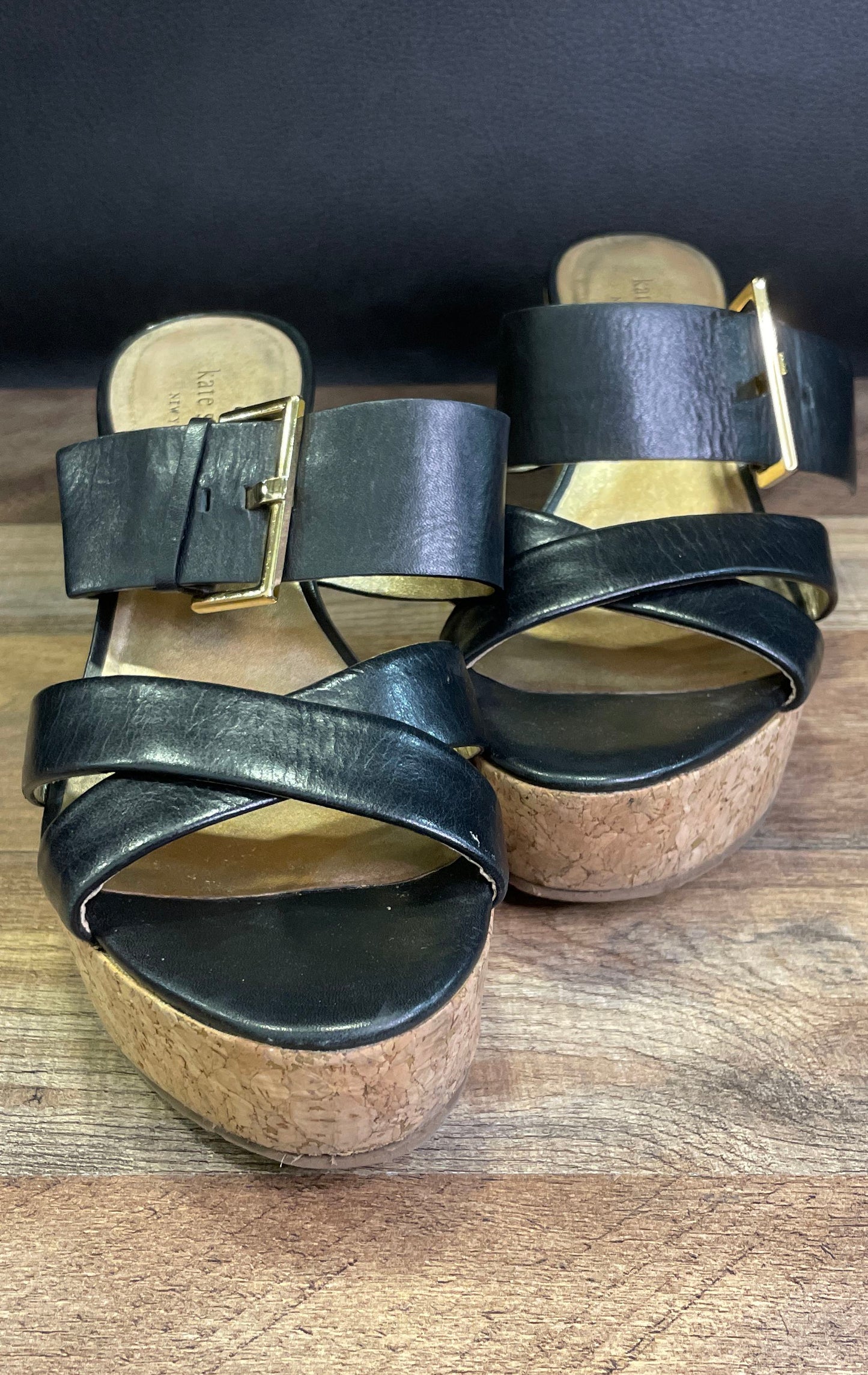 Kate Spade New York Black Leather Cork Platform Wedge Sandals Women's Size 8