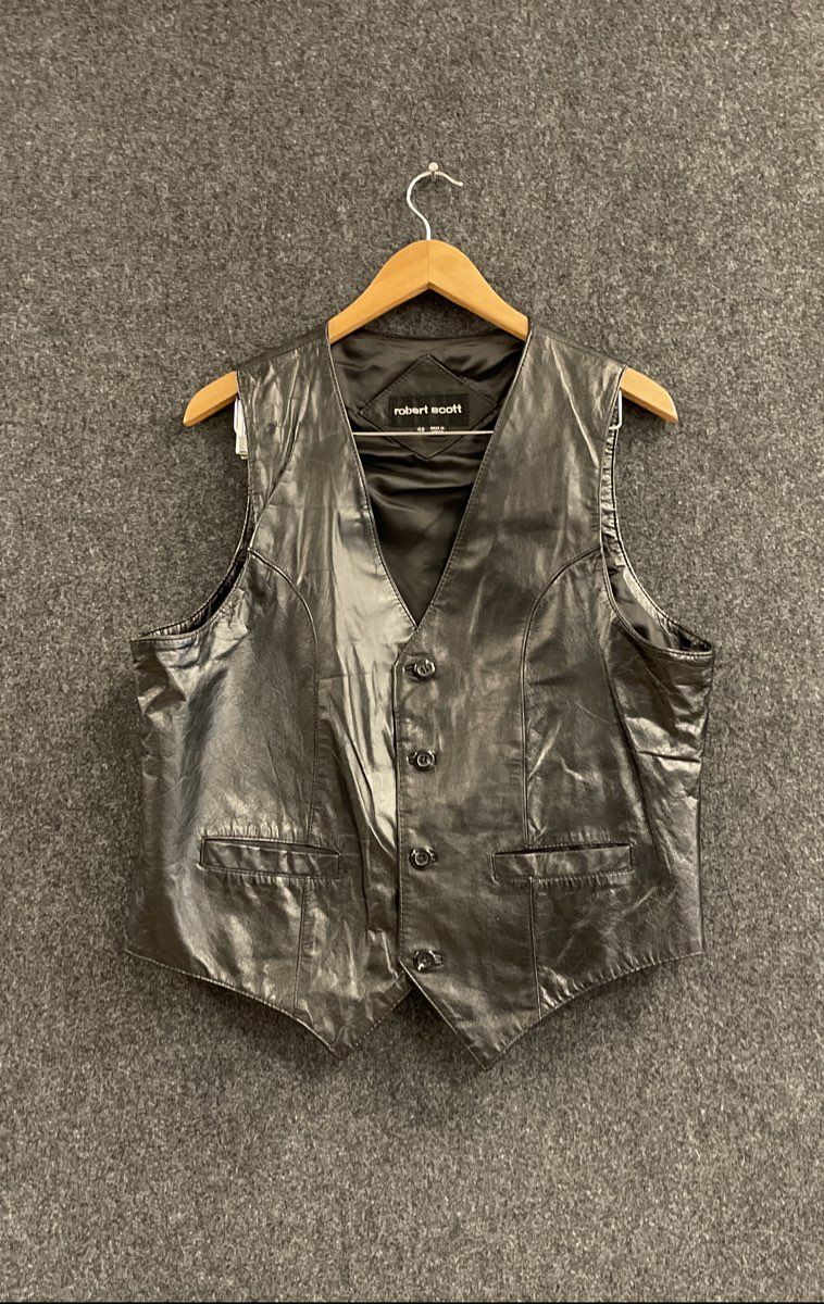 Vintage 90s Robert Scott Men's Black Leather Vest 4 Button Front Pockets Sz 46