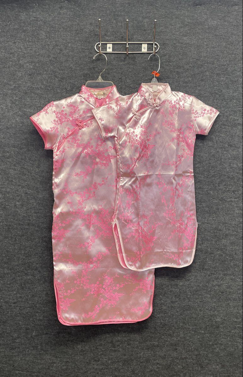 Girls Pink Floral Satin Qipao Cheongsam Dress Lot of 2 Sz 14 & XS