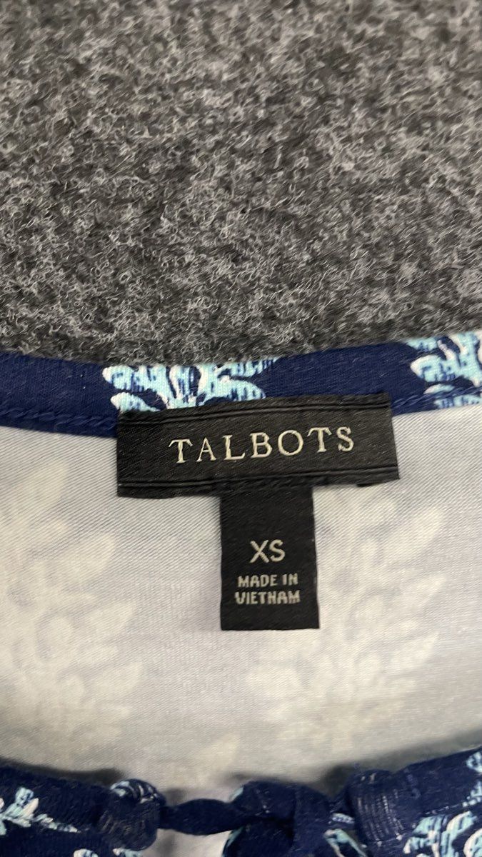 Talbots Women's Navy Blue White Block Print Tie Neck Tiered Dress Sz XS
