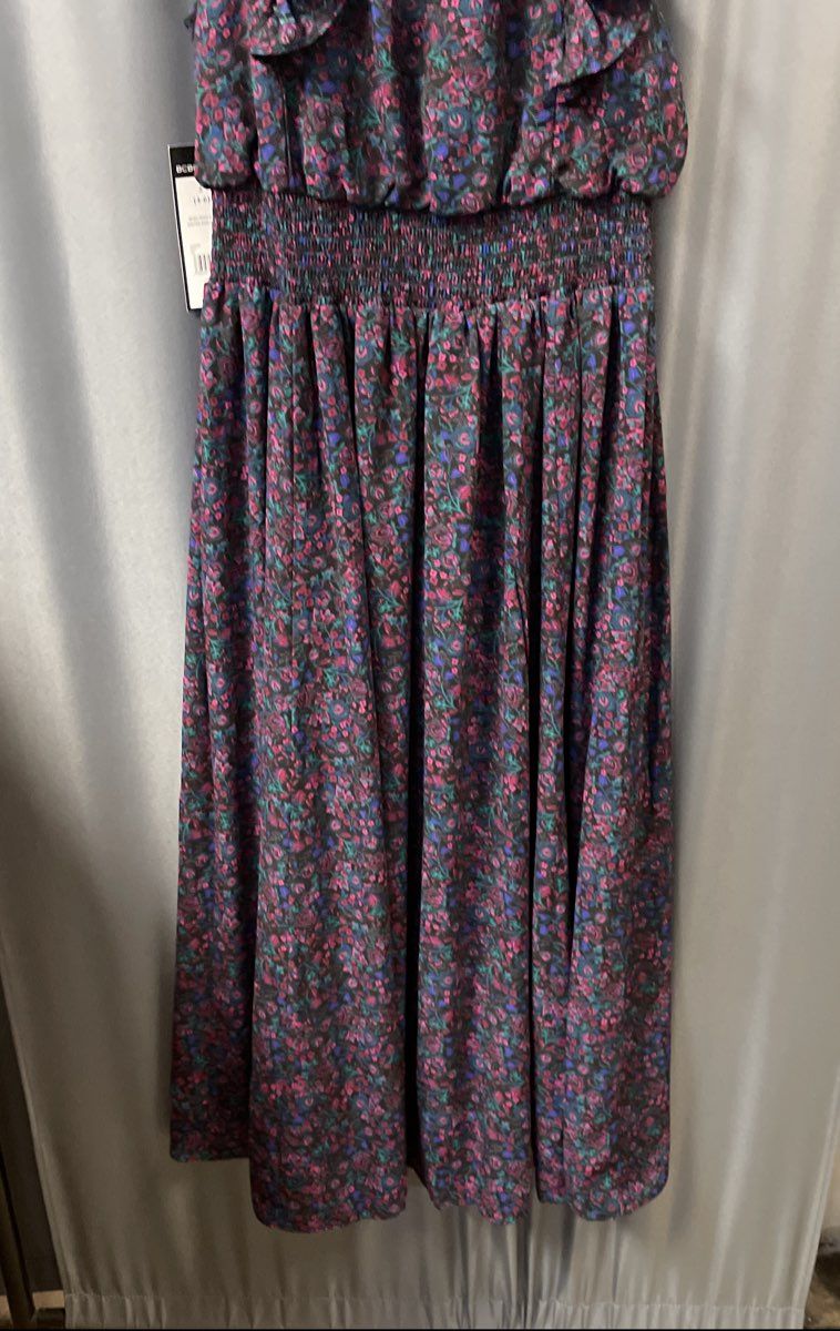 BCBG Paris Women's Black Floral Halter Midi Dress Smocked Waist Ruffle Sz S NWT