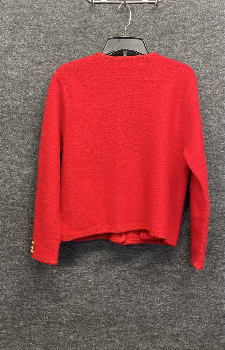 Vintage 90s Karen Scott Women's Red Pure Wool Cardigan Gold Crest Buttons Sz M