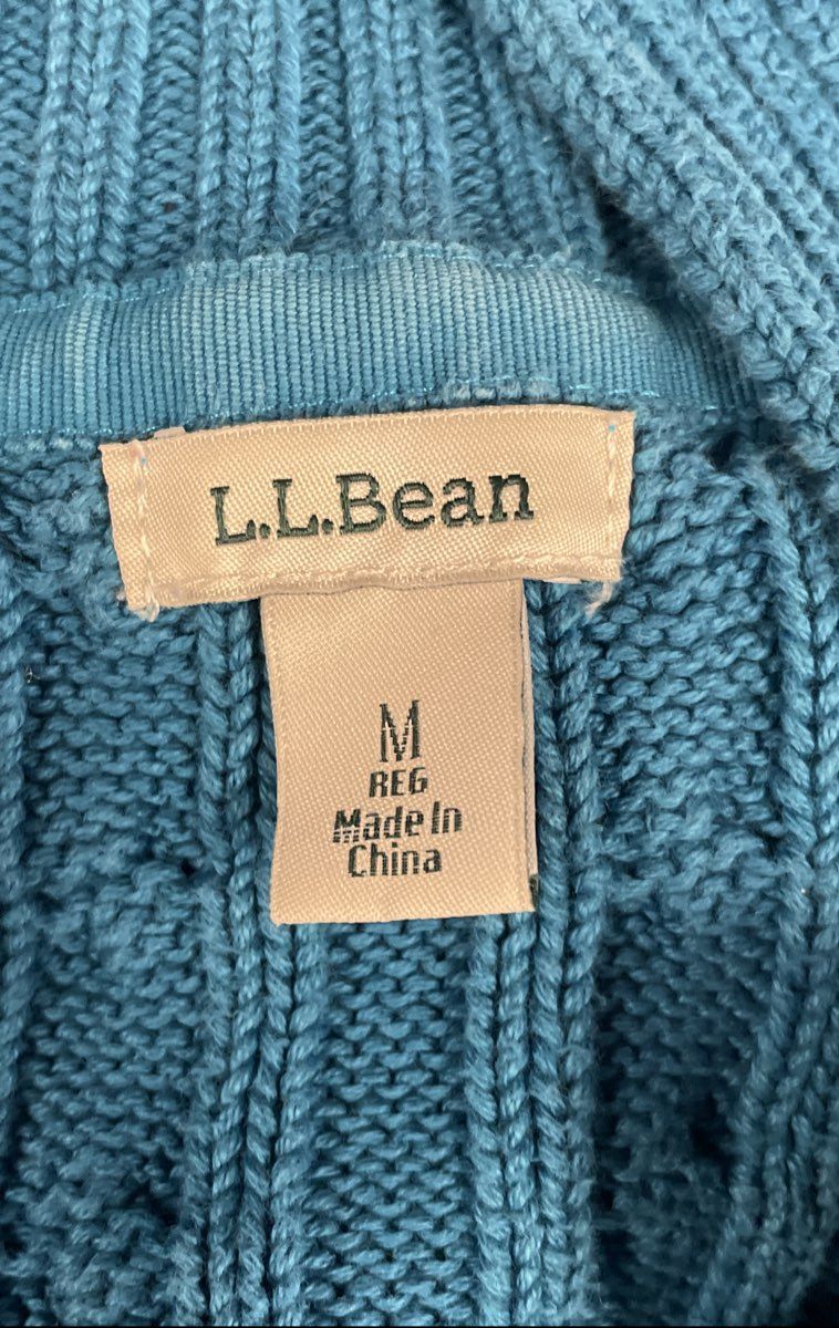 L.L. Bean Women's Blue Cable Knit Collared V-Neck 100% Cotton Sweater Sz M