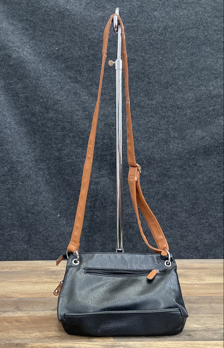 Rosetti Black Pebbled Faux Leather Crossbody Bag Brown Trim Adjustable Strap