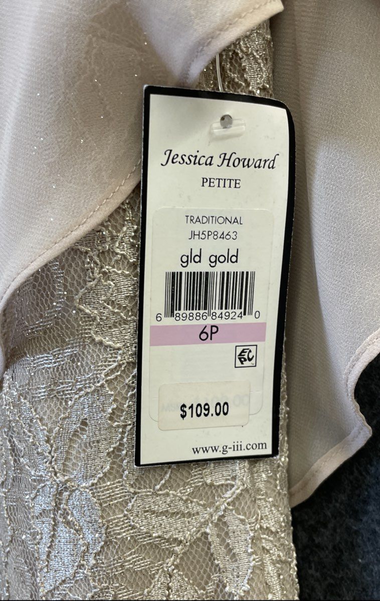 Jessica Howard Women's Gold Lace Sheath Dress Cowl Neck Flutter Sleeve 6P NWT