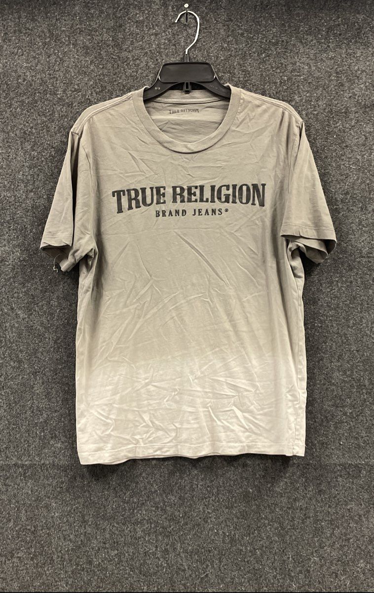 True Religion Men's Tan Olive Ombre Logo Graphic Dip Dye T-Shirt Sz L