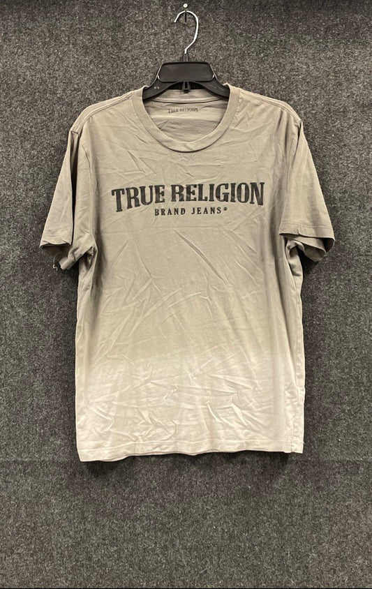 True Religion Men's Tan Olive Ombre Logo Graphic Dip Dye T-Shirt Sz L