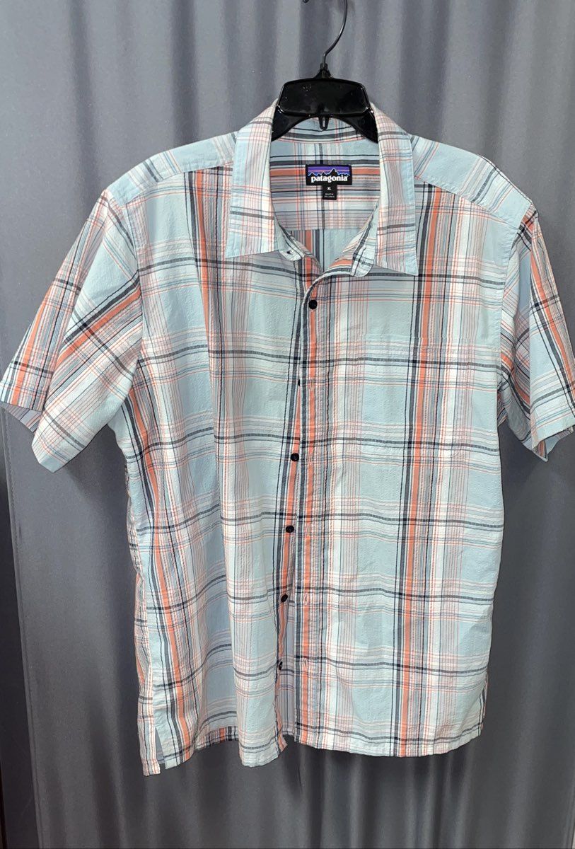 Patagonia Men's Blue Orange Plaid Organic Cotton Blend SS Button Up Shirt Sz XL