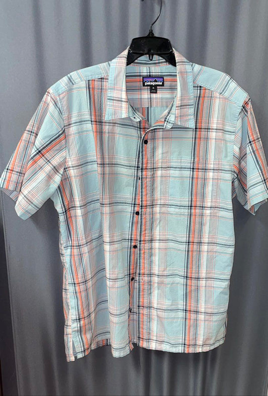 Patagonia Men's Blue Orange Plaid Organic Cotton Blend SS Button Up Shirt Sz XL