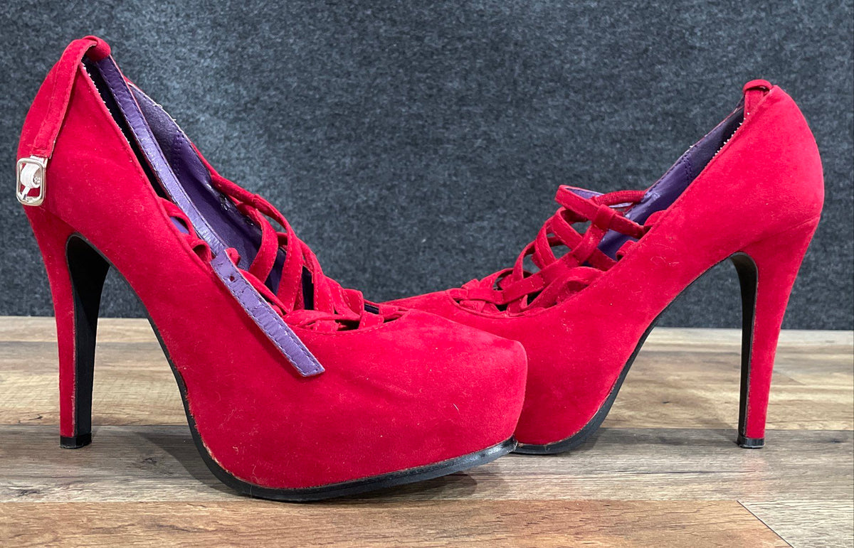 Privilege Red Faux Suede Platform Strappy Cage Stiletto Heels Women's Size 8.5