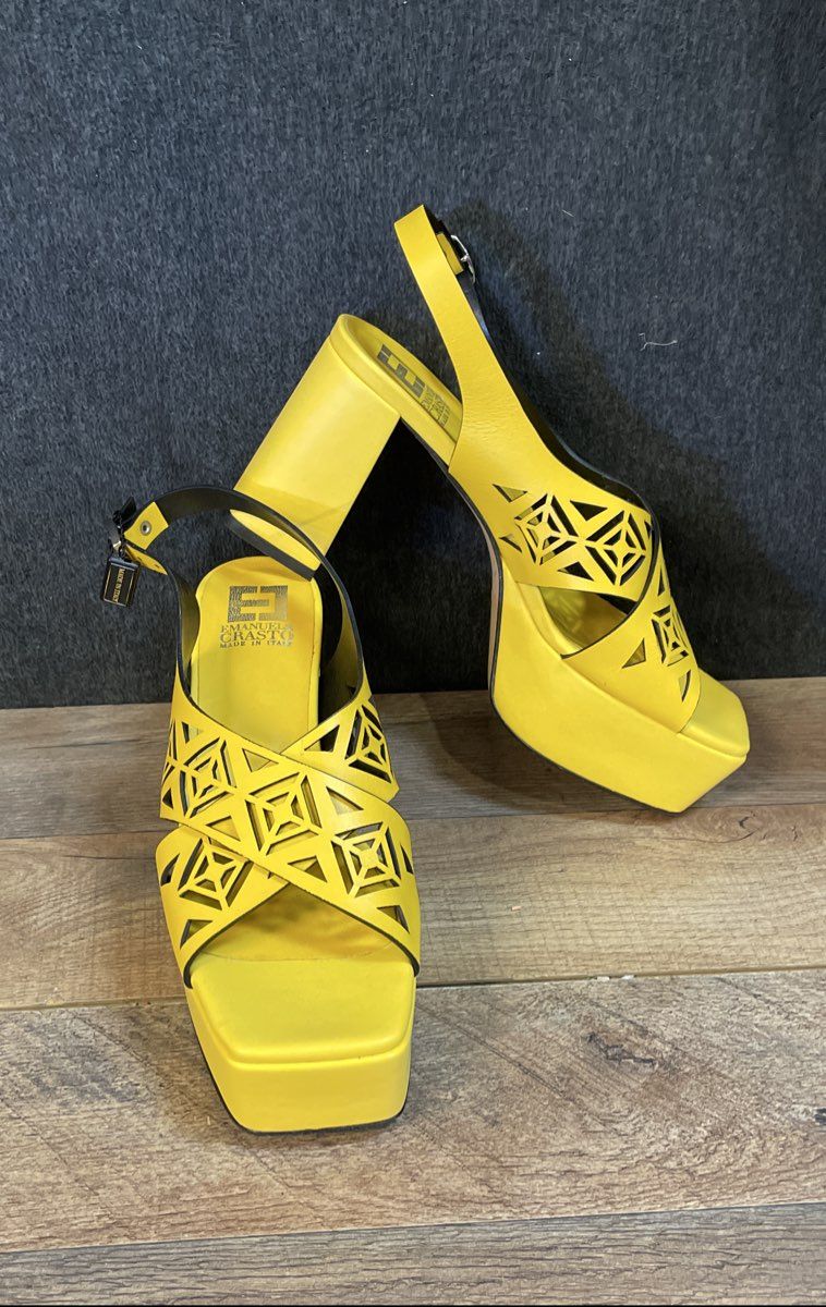 Emanuele Crasto Yellow Leather Cut-Out Platform Heels Made In Italy Size 40
