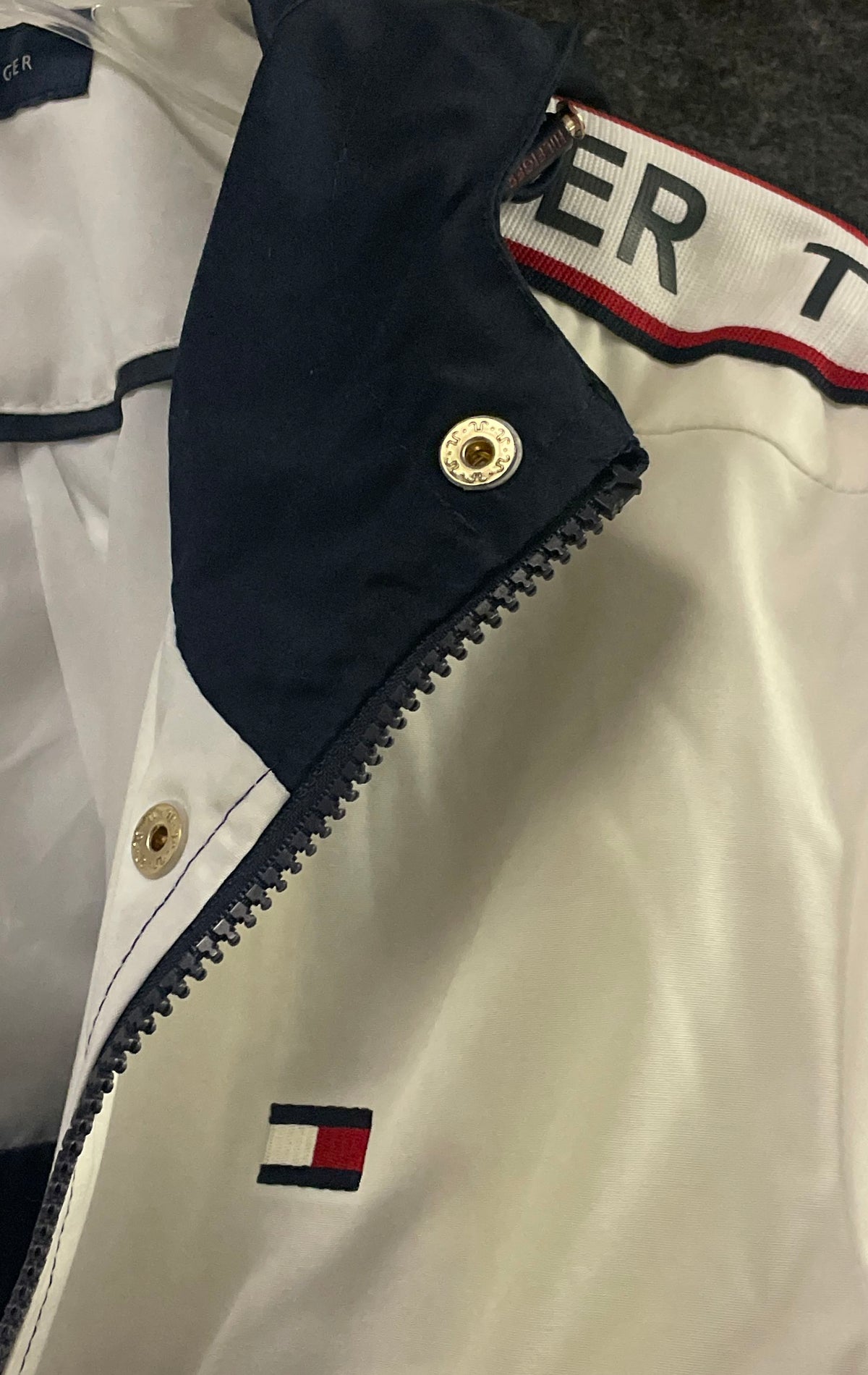 Tommy Hilfiger Women's Hooded Jacket Blue White Red Logo Sleeve Tape Sz XS