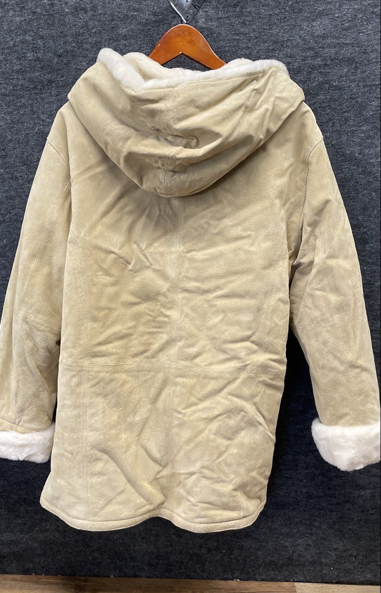St. John's Bay Women's Beige Faux Fur Lined Suede Hooded Coat Vintage Y2K Sz L