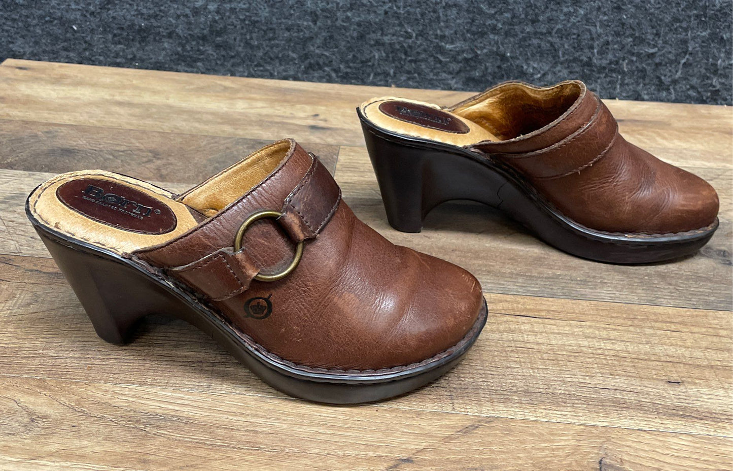 Born Brown Leather Buckle Strap Heeled Clogs Mules Women's Size 8.5