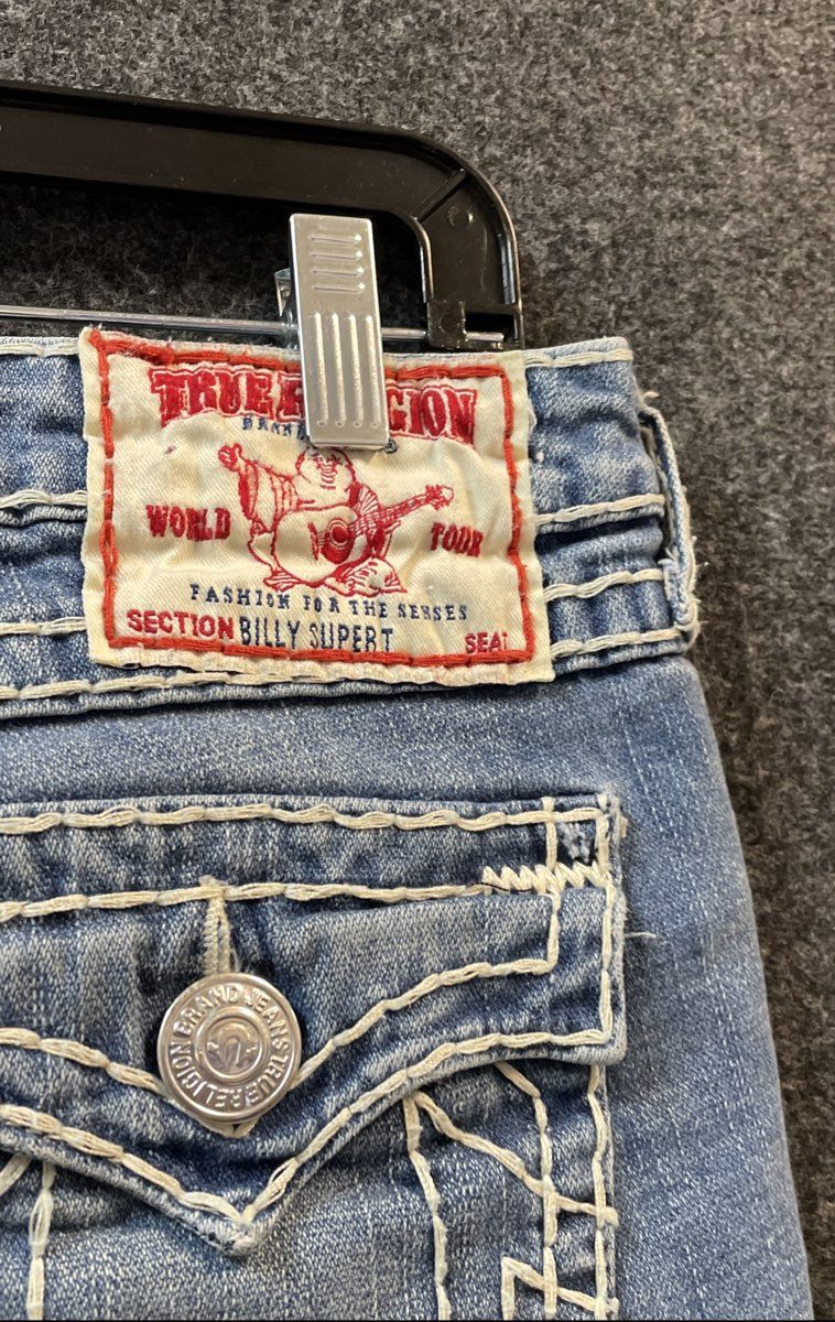 True Religion Women's Blue Billy Super T Jeans White Thick Stitch Sz 32